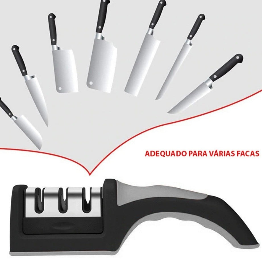 Amolador Afiador De Facas Em Aço Inox Com 3 Afiadores (D25-AMOLADORDEFACATRIPLO